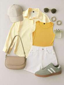 Everyssa Camisa holgada a rayas verde oliva y top sin mangas de punto para mujer - Amarillo - Ver 3