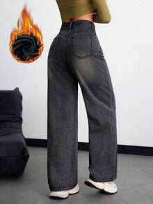Pantalones vaqueros anchos sueltos y versátiles de mujer con diseño de bolsillos - Gris 2 - Ver 2