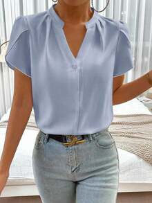 Blusa de trabajo con cuello en pico y mangas de pétalo de color blanco para mujer, blusas de manga corta - Niebla azul - Ver 4
