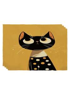 4 Pcs Cat Pattern Placemats Retro Style Placemats Heat Resistant Easy Clean Washable Daily Decorative Placemats Suitable For Kitchen Home Indoor Outdoor Tabletop Coffee Bar Dining Table Tea Party - Yellow - View 7