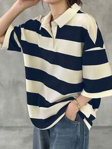 Camiseta suelta de cuello polo a rayas blancas y negras para mujer, camiseta de verano informal de talla grande - Azul marino - Ver 11