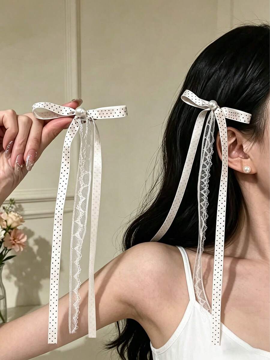 2入女款髮飾,甜美優雅芭蕾風粉色波點蝴蝶結髮夾,百搭高級蕾絲蝴蝶結髮帶,氛圍感緞帶髮夾,適用於雙馬尾與日常佩戴,彈扣夾、抓夾 - 米色 - 查看 1