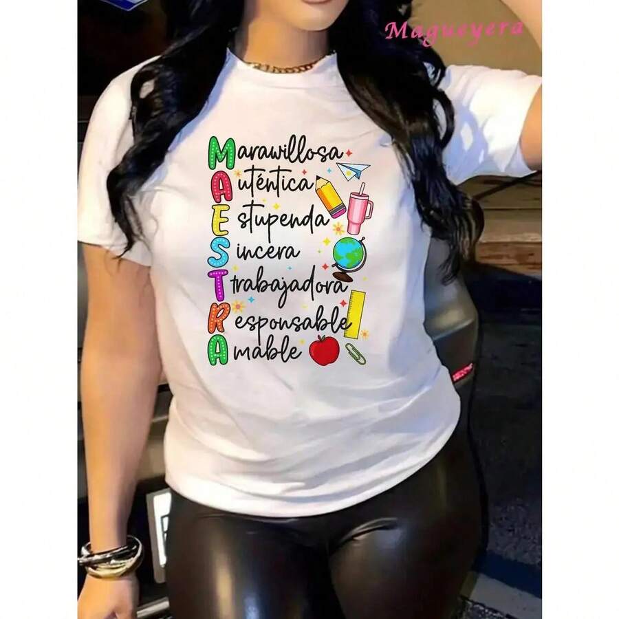 Camiseta de algodón suave para mujeres de MGY con impresión de Maestra, Regalo para maestras, Moderna, Encantadora, Vestidos de moda para mujer verano, Casual perfecta para todas las estaciones, S M L XL - Blanco - Ver 1