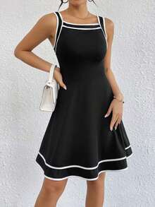 Vestido Con Cinta De Contraste - Negro - Ver 4
