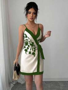 Vestido mini sexy y elegante con cuello en V estilo envolvente y estampado para mujeres - Verde - Ver 6
