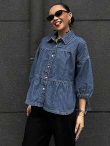Blusa vaquera holgada de mujer con cuello vuelto y mangas abullonadas - Azul - Ver 4