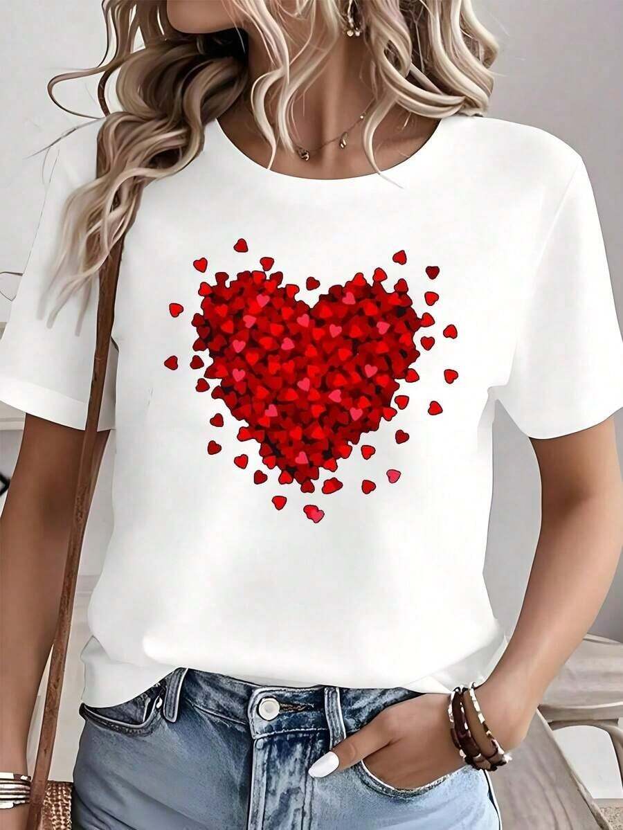100% Cotton Black Oversized T-Shirt With Red Heart Graphic, Romantic Aesthetic Valentine's Day T-Shirt, Feminine Design Blouse With Love Theme, Gift Tops For Anniversary And Girlfriend - 白色 - 查看 1