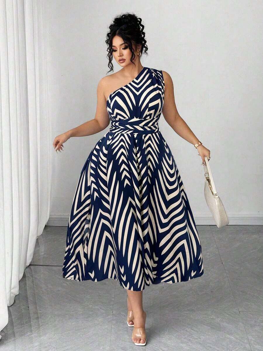 Vestido elegante de mujer de talla grande con estampado floral azul y blanco, elegante y chic para fiestas, graduaciones, vacaciones, festivales, citas, bodas y salidas - Azul marino 2 - Ver 1