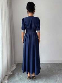 YHHElenzga Vestido corto de verano con mangas cortas, cintura con cinta y diseño de patchwork elegante para mujerYHH - Azul marino - Ver 2