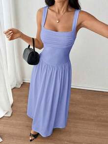 Vestido evasé de unicolor marrón café con cuello cuadrado elegante para mujer, primavera/verano - Celeste - Ver 4