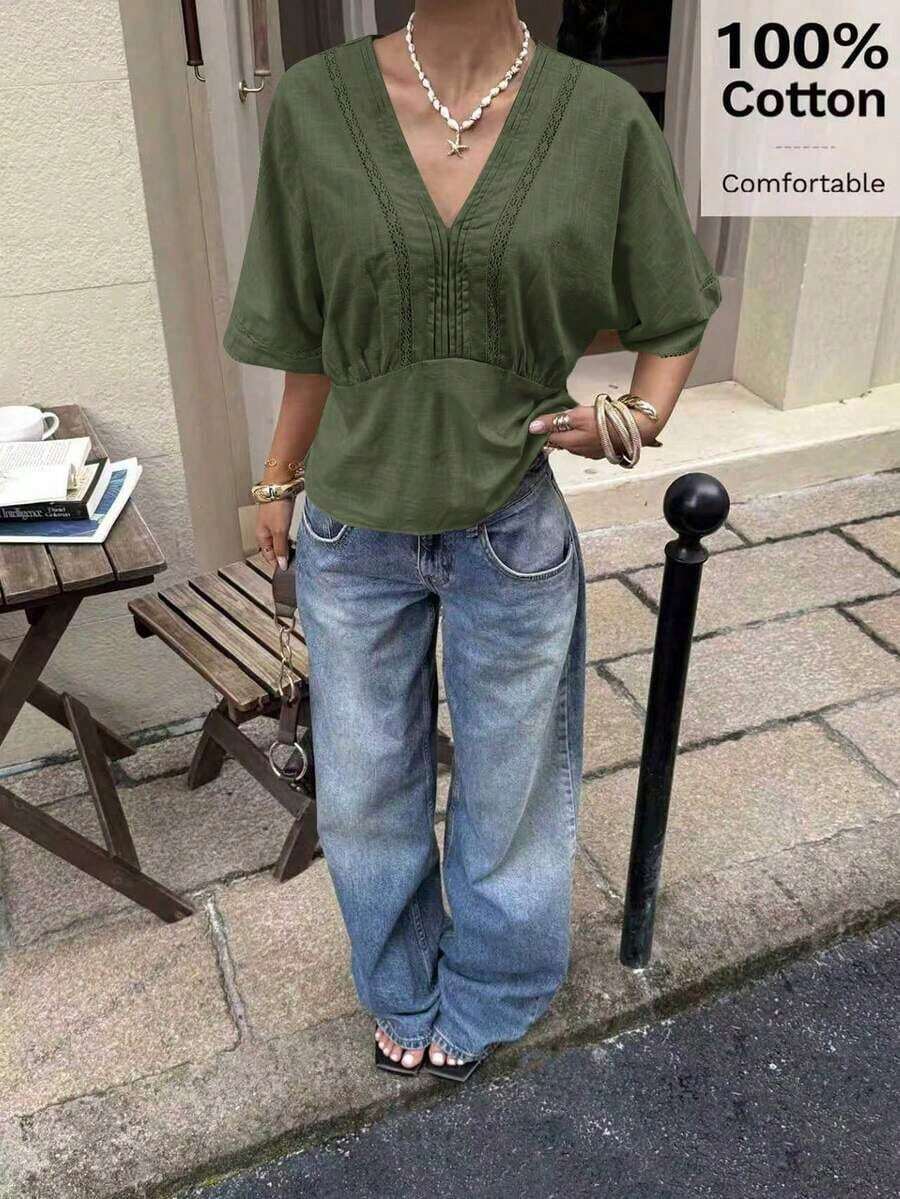 Camisa de mezcla de lino con encaje a rayas para mujer - Verde Oliva - Ver 1