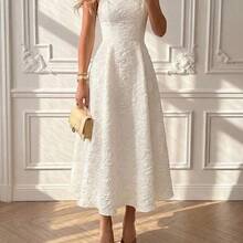 Floreya Summer Elegant Solid Color High-End Chic Style Prom Dress, Waist-Cinched Fitted Spaghetti Strap Midi Dress, White Party - Verde militar - Ver 2
