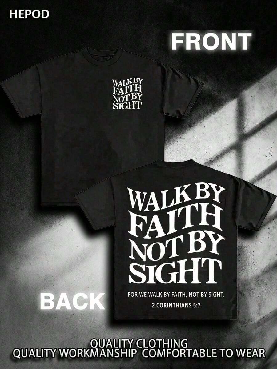Premium Casual Unisex T-Shirts, Graphic Tees For Men, Urban Style Cotton T-Shirt, Round Neck, Loose Fit, For Autumn Travel And Holidays, Unisex, Gothic And Y2K Style, Print "Walk By Faith, Not By Sight". - 黑色 - 查看 1