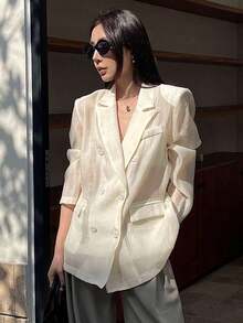 Blazer casual de manga larga con bolsillo y cierre de botones delantero liso para mujer, ropa de otoño para vestir en la oficina - Beis - Ver 5