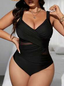 Swim  Traje de baño de una pieza de corte slim, con parches de malla de dos tonos y cruzados, para mujer de talla grande.Ideal para el verano y las vacaciones en la playa. - Negro - Ver 7