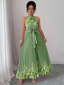 YHHElenzga Vestido holgado de verano elegante con estampado floral y cuello halter para mujerYHH - Verde militar - Ver 5