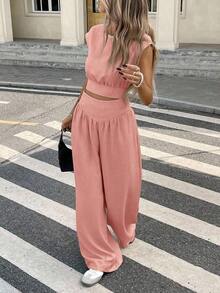 Conjunto de 2 piezas de blusa y pantalones con lazo en la espalda de unicolor para mujer, un conjunto de top holgado y pantalón de pierna ancha con lazos en la espalda, unicolor, elegante y casual, adecuado para el uso diario, primavera/verano - Rosa coral - Ver 6