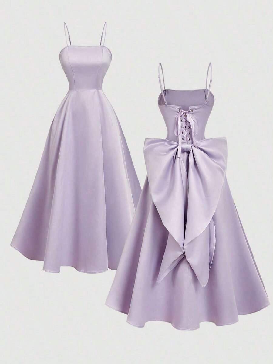 MOD Vestido de satén color albaricoque con lazo en la espalda y largo medio - Púrpura malva - Ver 1