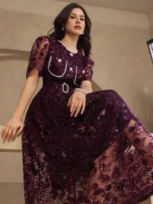 Vestido elegante de encaje de alta calidad con cintura ajustable, bordado, de estilo coreano suave y elegante - Morado - Ver 1
