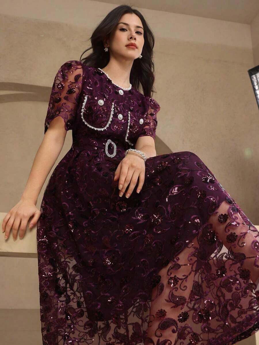 Vestido elegante de encaje de alta calidad con cintura ajustable, bordado, de estilo coreano suave y elegante - Morado - Ver 1