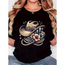 Camiseta de Mujer Retro con Estampado de Sombrero de Vaquero Floral - Camiseta Negra Estilo Occidental con Detalles de Cactus y Cuerda, Tejido Suave y Transpirable, Corte Cómodo de Manga Corta y Cuello Redondo, Lavable a Máquina, Camiseta Casual de Verano - Negro - Ver 6
