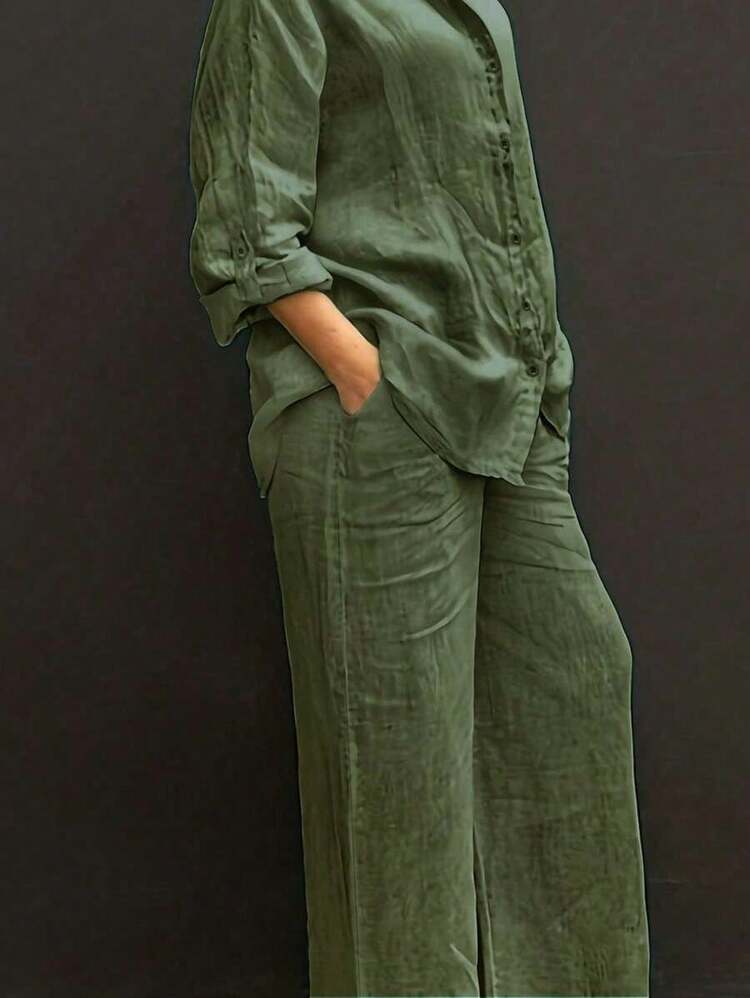 Cardigan casual con cuello polo ligero, blusa elegante de unicolor versátil adecuada para la playa, el diario, el trabajo, las compras, de tela suave, pantalones sueltos con cintura elástica, conjunto de 2 piezas, primavera/verano/otoño - Verde - Añade 6
