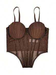 Top corset de malla transparente con lentejuelas, estilo punk gótico con pedrería, para mujer, sexy y elegante para usar en discotecas o de manera casual en verano - Negro - Ver 9
