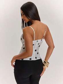 Camiseta de mujer con estampado de lunares y encaje en contraste - Blanco y Negro 2 - Ver 2