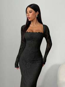 PETITE Vestido maxi negro ajustado de cuello cuadrado con copa de pecho, mangas largas de encaje con forma de S y escote sexy para fiesta de verano, cita y noche - Negro - Ver 9