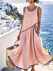 Holidaya Vestido casual de vacaciones con borde de color contrastante, bolsillo asimétrico, vestido largo casual, vestido de primavera/verano para mujer - Rosa Pálido - Ver 2