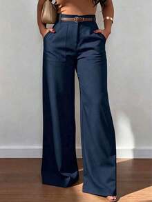 Pantalones casuales de cintura alta, pierna recta y sueltos para mujer, primavera - Azul marino - Ver 2