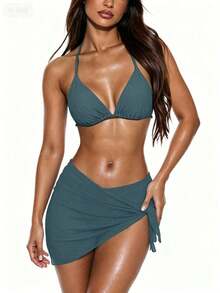 Conjunto de 3 piezas de traje de baño de bikini de unicolor y estilo sexy de halter para mujeres, conjunto de traje de baño, para vacaciones de verano en la playa - Gris Oscuro - Ver 6