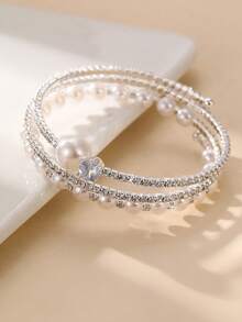 1pc Women's Teen Silver Pearl Rhinestone Bracelet, Suitable For Daily Decoration, Party Gift - Silver - View 5
