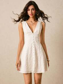 Vestido corto de mujer sin mangas de cuello en V profundo de unicolor minimalista - Blanco - Ver 7