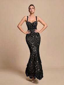 Vestido de fiesta elegante con tirantes finos, dobladillo de cola de pez ajustado y dobladilla de coleta para mujer - Negro - Ver 3