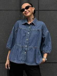 Blusa vaquera holgada de mujer con cuello vuelto y mangas abullonadas - Azul - Ver 3
