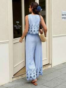 Frenchy Conjunto de 2 piezas de top sin mangas de cuello redondo a cuadros y pantalones para mujer - Azul - Ver 2