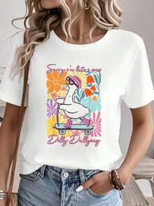 100% algodón.Camiseta con estampado "Lo siento, llego tarde, me estaba demorando" y diseño floral boho con ganso.Camisetas gráficas para mujer, tops de verano, camiseta de cuello redondo, ropa de mujer 100% algodón, conjuntos de ropa para mujer, ropa de otoño para mujer, tops para mujer, camiseta blanca. - Blanco - Ver 6