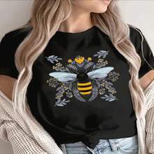 1 pieza clásica y versátil, camiseta corta de algodón puro con mangas cortas, estampada con abejas y flores. Estilo moderno - Negro - Ver 2
