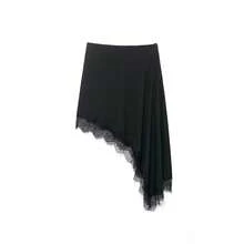 Willshela, Women's Fashionable Plain Lace Hem Asymmetrical Mini Skirt, Elegant Vintage High Waist Elastic Skirts For Women - 黑色 - 查看 9