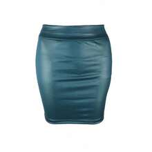 Black Fitted Faux Leather Pencil Mini Skirt, Sexy High-Waisted Korean Fashion Short Skirts For Women, Wholesale, Sweet Summer - 藍色的 - 查看 11