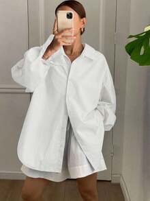 Blusa suelta de manga larga con cuello vuelto, abertura en la espalda y lazo, unicolor, ropa de otoño para mujer - Blanco - Ver 2