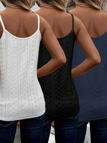 3 piezas Camiseta de mujer de verano casual con encaje calado y textura de punto, top de verano para mujer, top de verano bohemio, top de verano para mujer, top de verano con cuello en V, top de encaje para mujer - Multicolor 8 - Ver 2