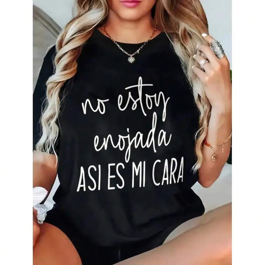 Camiseta Casual de Manga Raglán Negra con Frase en Español "No Estoy Enojada", Personalizada, de Verano, Unisex, Tela Transpirable, Ajuste Diario, Estilo Minimalista, Tallas Grandes - Negro - Ver 1
