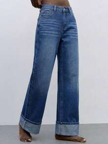 Maija Jeans anchos de pierna ancha, minimalistas y sueltos con puños para mujer - Azul lavado oscuro 2 - Ver 3