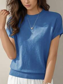Camiseta holgada de manga corta para mujer, top de punto sin mangas distintivo, capa base de unicolor para el verano - Azul eléctrico - Ver 6