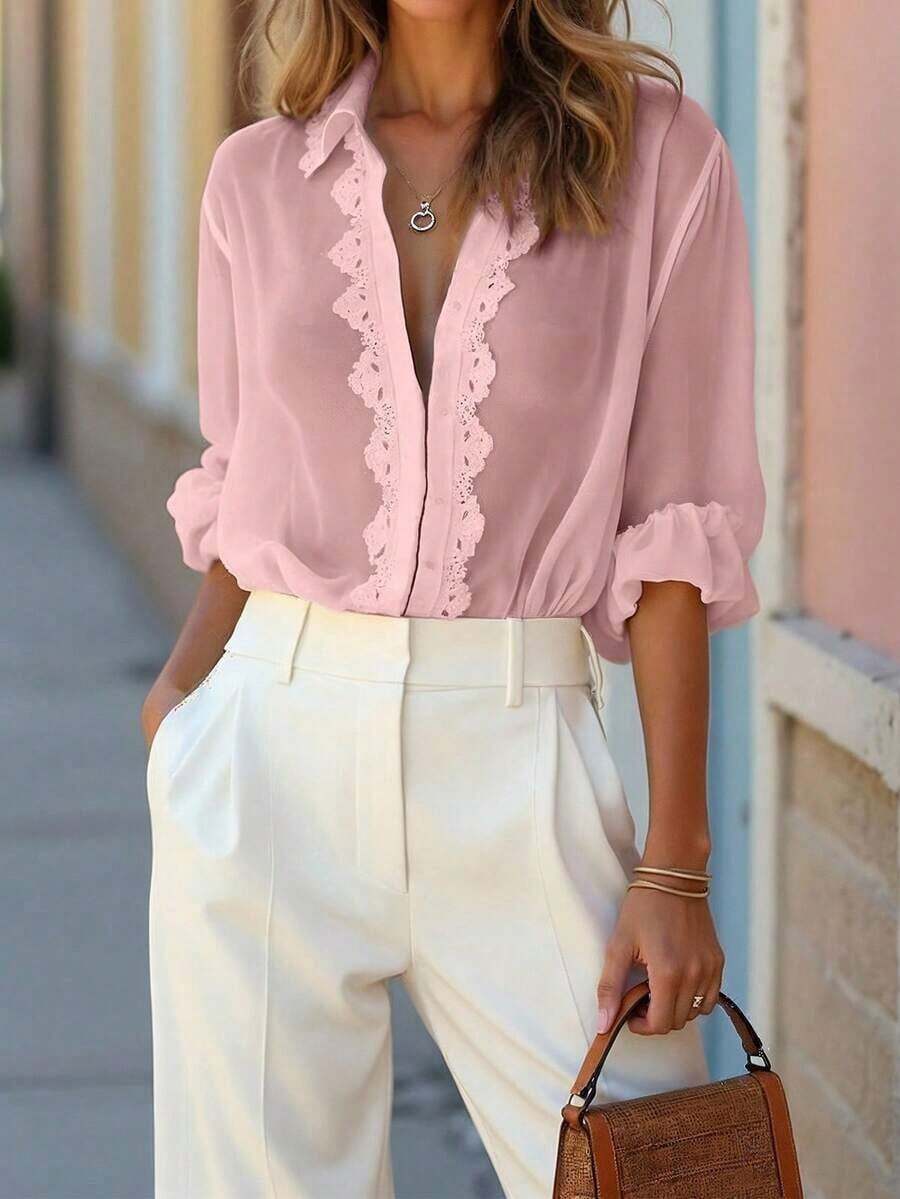 Blusa de manga larga con parche de encaje elegante y de solapa única, adecuada para el trabajo y los negocios - Blanco - Ver 1