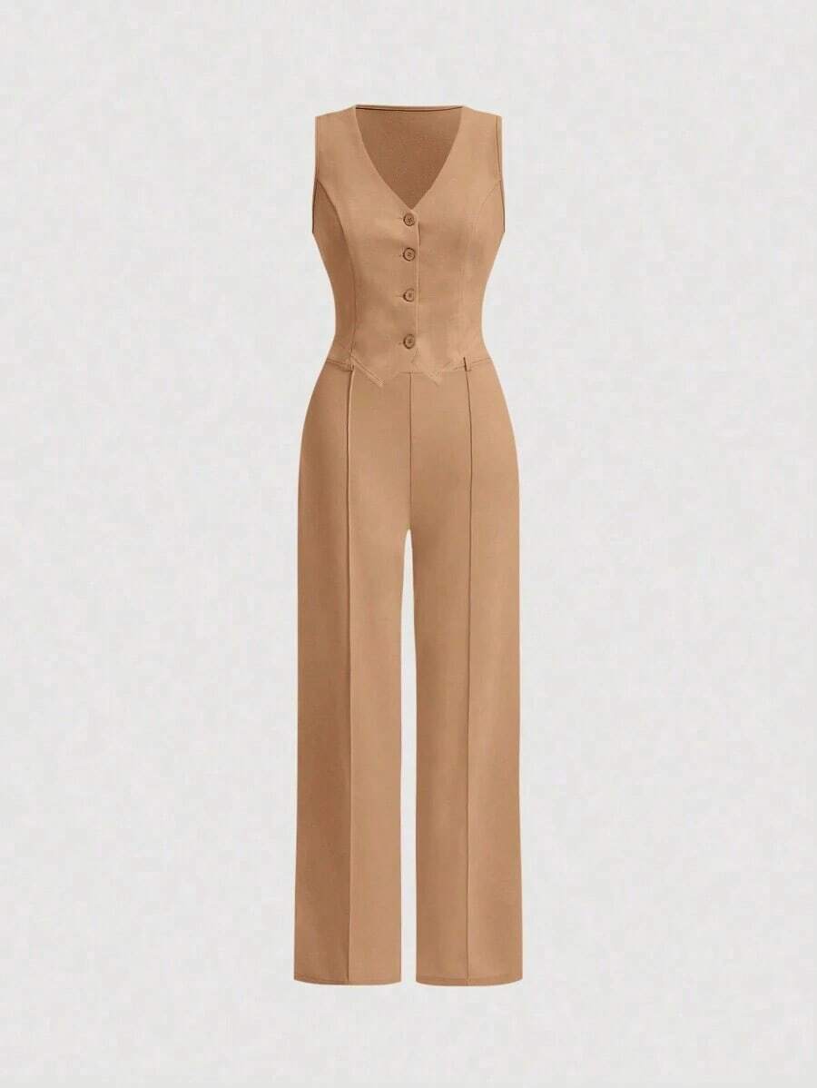 Juego De Dos Piezas Para Mujer Con Chaleco Y Pantalones De Color Sólido - Caqui - Ver 1
