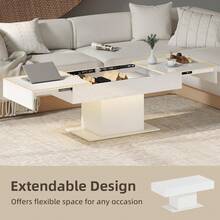 Extendable Coffee Table With LED Lights, Modern High Gloss Living Room Table With Hidden Storage And Remote Control, White - 1 - View 2