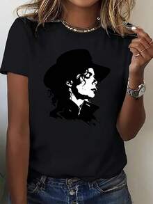 Camiseta Casual de Mujer Nueva Colección Otoño - Estampado Clásico Retrato, Cómoda y Elegante con Cuello Redondo para Deportes Correr Moda, Personalidad Divertida Suave Transpirable Ropa casual Fiesta Celebración Vacaciones Navidad Halloween Campus Graduación Regalo Unisex Pareja Hermana Conjunto - Negro - Ver 12